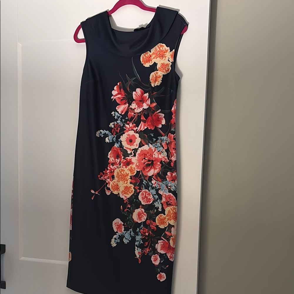 ECI Blue and Black Sheath Midi Dress for Wedding Guest